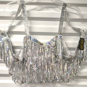 SHINY GAL METALLIC SILVER CHAINMAIL  & FRINGE DANGLING PARTY BLING CROPPED TOP